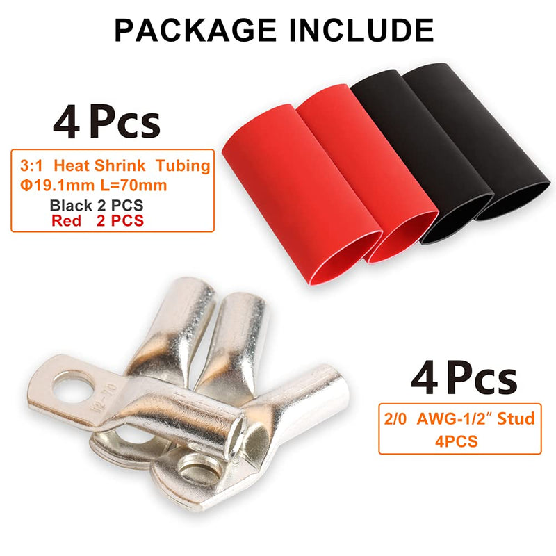  [AUSTRALIA] - AIRIC 2/0 Gauge Wire Lugs 1/2" Stud (M12), 4pcs UL Heavy Duty Cable Lugs Large Battery Cable Ends, Tinned Copper Tubular Lugs 2/0 AWG Ring Terminal Connectors DIN 46235, with 3:1 Heat Shrink Tubing 2/0 AWG 1/2" STUD (M12)