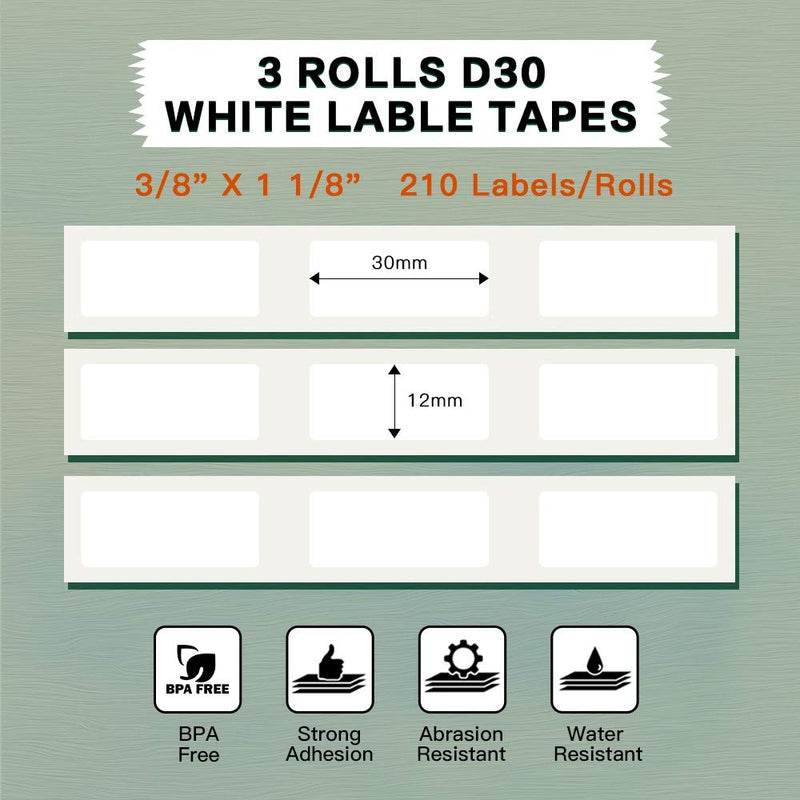 Phomemo D30 Adhesive White Label Paper 3/8" X 1 1/8" (12mm X 30mm) 210 Labels/Roll, Black on White, 3 Roll 12mm X 30mm - LeoForward Australia