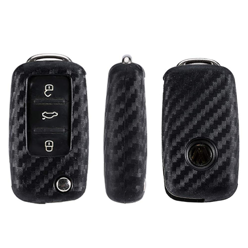 Royalfox(TM) Soft Black Silicone Carbon Fiber Smart keyless Remote Key Fob case Cover for VW Volkswagen Jetta GTI Passat Golf Bora Polo Tiguan Touareg Beetle Multivan Keychain (vw Old 3 Buttons Key) Vw Old 3 Buttons Key - LeoForward Australia