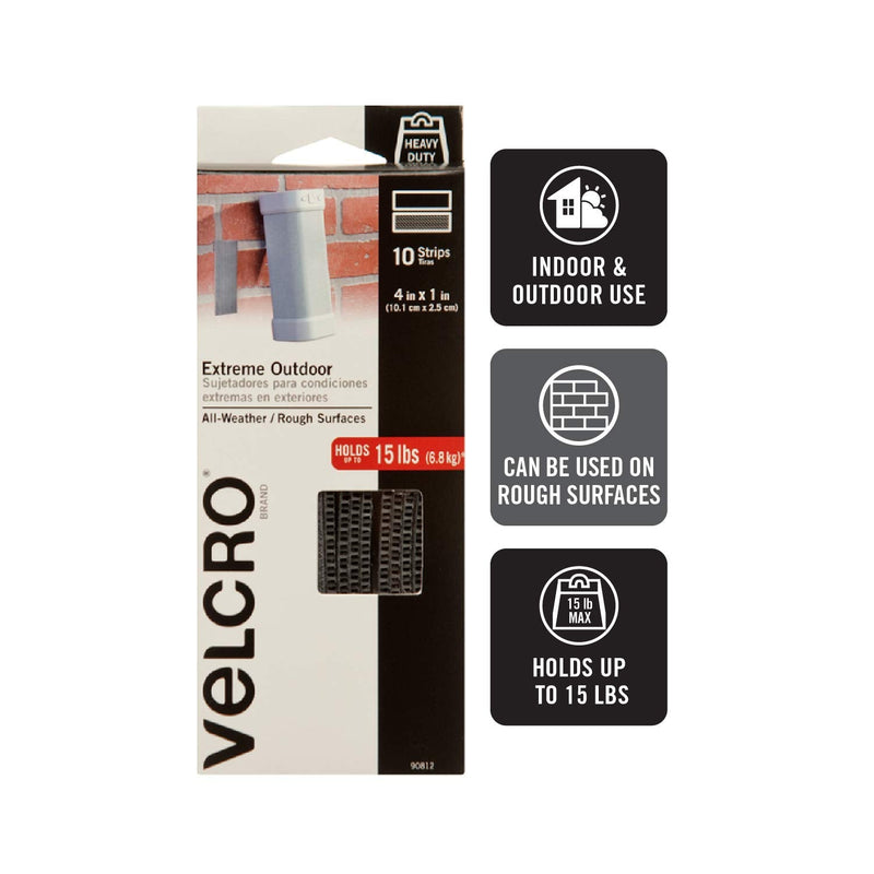  [AUSTRALIA] - VELCRO Brand Outdoor Heavy Duty Strips | 4 x 1 Inch Pk of 10 | Holds 15 lbs | Titanium Extreme Hook and Loop Tape Industrial Strength Adhesive | Weather Resistance for Rough Surfaces (90812) 4in x 1in (10Pk)