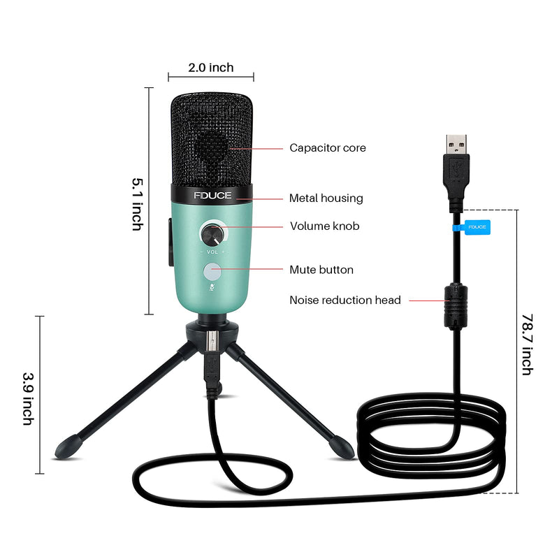  [AUSTRALIA] - USB Plug&Play Computer Microphone, FDUCE Professional Studio PC Mic with Tripod for Gaming, Streaming, Podcast, Chatting, YouTube on Mac & Windows(Mint Green) Mint Green