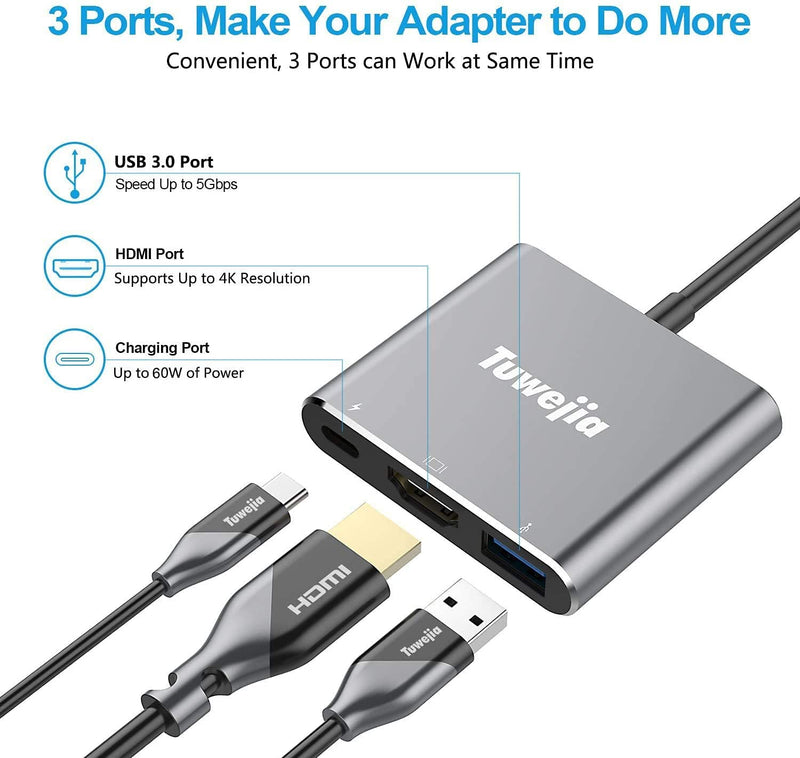  [AUSTRALIA] - USB C to HDMI Multiport Adapter Tuwejia USB 3.1 Gen 1 Thumderbolt 3 to HDMI 4K Video Converter/USB 3.0 Hub Port PD Quick Charging Port with Large Proj Grey