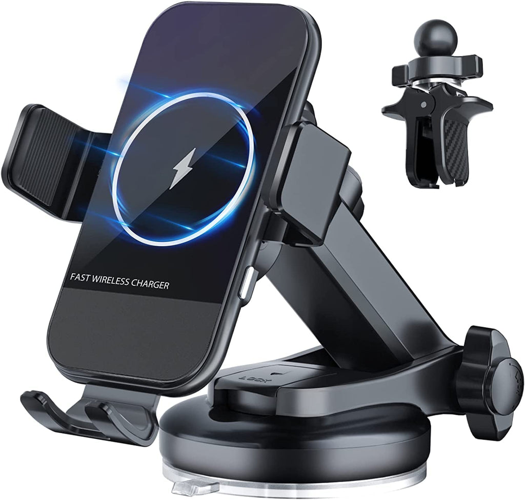  [AUSTRALIA] - Wireless Car Charger, HYUNDAI 15W Qi Fast Charging Phone Mount for car, Auto-Clamping Windshield Dashboard Air Vent Car Phone Holder Mount for iPhone 14/13/12/11/, Samsung S22+/S21/S10/Note 20 etc black-Sucker