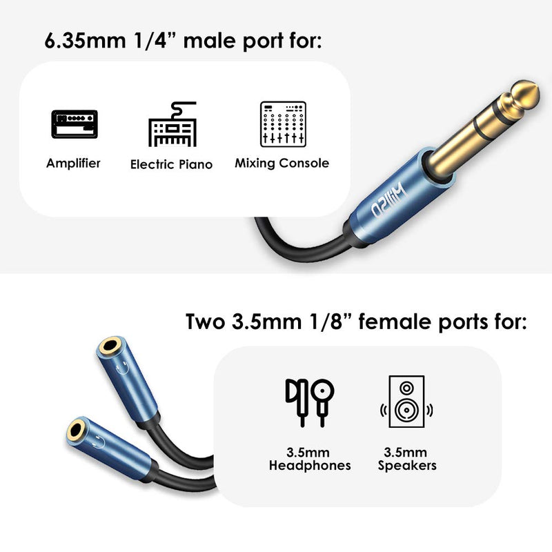  [AUSTRALIA] - MillSO 6.35mm 1/4 Male to Dual 3.5mm 1/8 Female Headphone Adapter, TRS Stereo Sapphire Blue & Gold-Plated Audio Splitter for Amplifiers, Guitar Amp, Keyboard Piano, Home Theater, Mixer - 12 inch