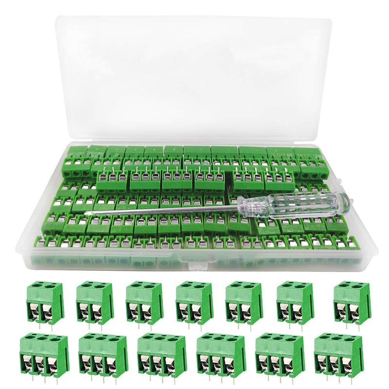  [AUSTRALIA] - YIXISI 100 pieces 5 mm 2 pin / 3 pin PCB mount screw terminal block, screw terminal connector, for Arduino (2 pin-80, 3 pin-20) green 2P + 3P