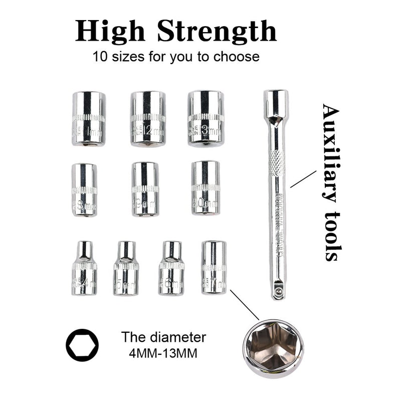  [AUSTRALIA] - Egofine 12pcs 1/4 Inch Ratchet Socket Wrench Set, Drive Socket Set with 10 Sockets 4-13mm and 2 Way Quick Released Ratchet Handle and Extension Bar