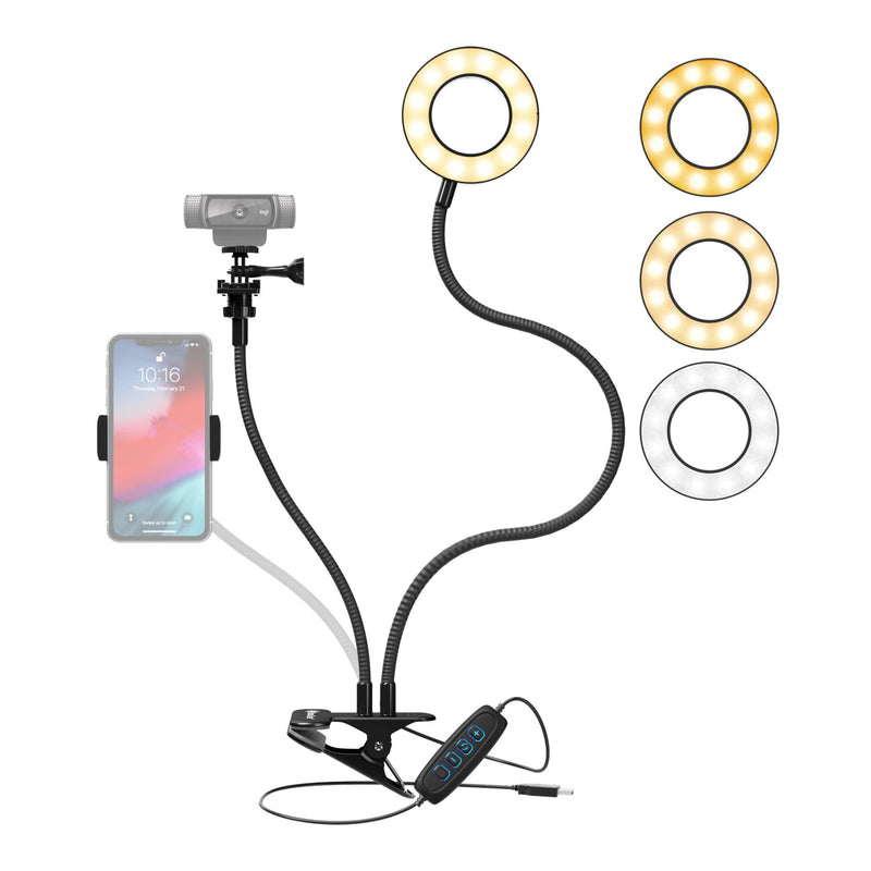  [AUSTRALIA] - Knox Gear Clip On Selfie Ring Light Stand with Flexible Arm and Interchangeable Cell Phone Holder and Webcam/Camera Mount - Clamp to Laptop/Desktop/Desk for Streaming, Video Recording, Conferencing
