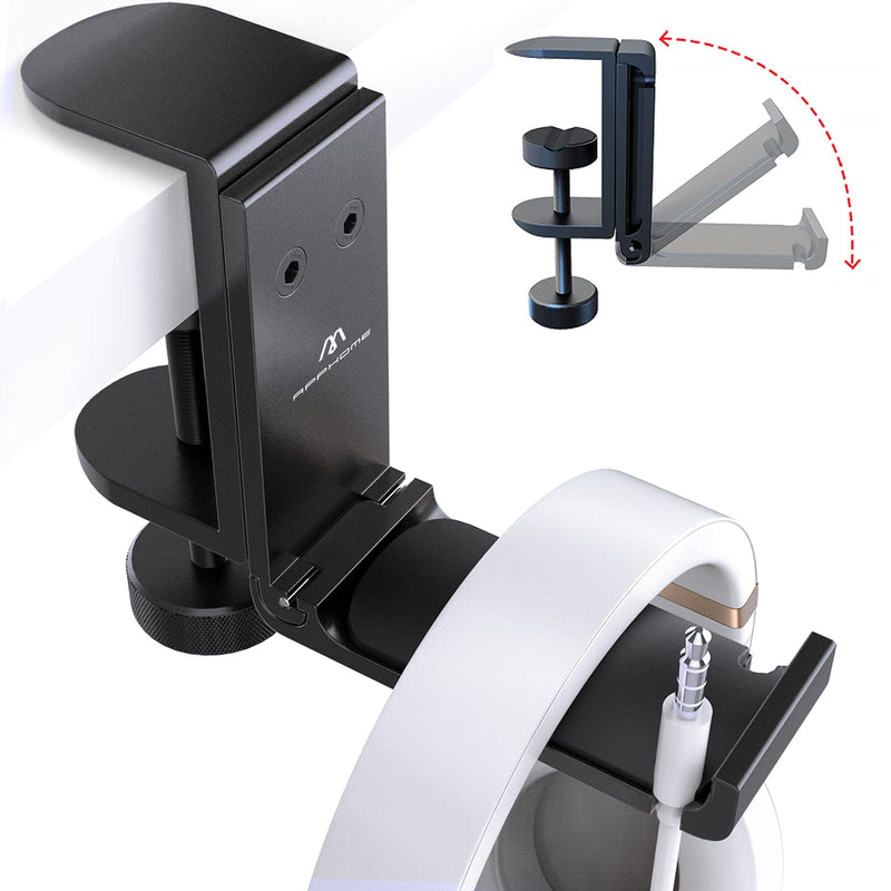  [AUSTRALIA] - APPHOME Headphone Hook Desk, Headphones Stand Under Table Foldable Headset Holder Clamp Hanger Mount, Built in Cable Clip Organizer for PC Gaming, Office, Backpack Bag Purse Hanging Premium Black-One Pack