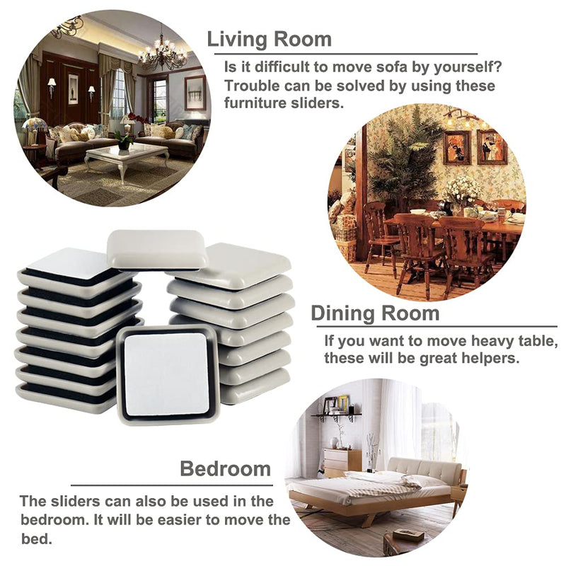  [AUSTRALIA] - GINOYA Stick Furniture Sliders, 16pcs Square Furniture Glides for Easy Moving on Carpet Hardwood (Beige) 1-3/5 inches, Square Beige
