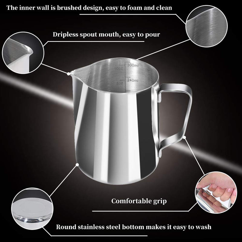  [AUSTRALIA] - Newness Milk Frothing Pitcher, 300 ML Milk Jug with Scale [Cup, ML, Ounce], Steaming Pitchers 304 Stainless Steel Milk Pitcher Cup Barista Coffee Latte Jug, Cup for Cappuccino Espresso Cafe Maker Art 10 OZ (300ML)