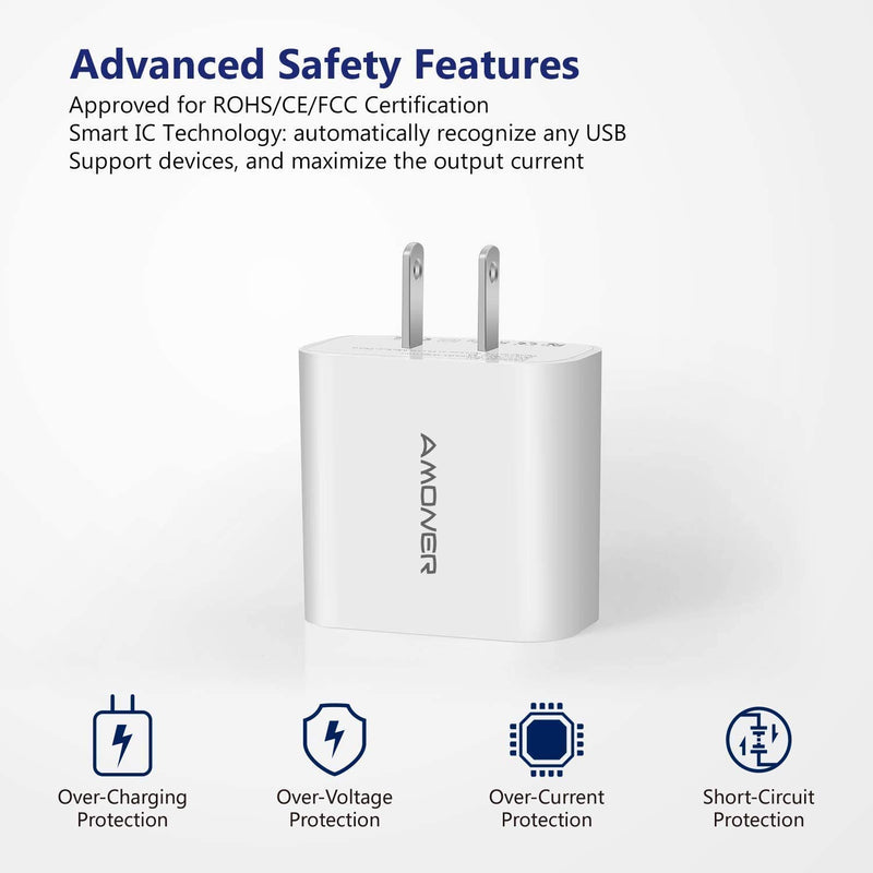  [AUSTRALIA] - Wall Charger, Amoner Upgraded 2Pack 15W 3-Port USB Plug Cube Portable Wall Charger Plug for iPhone 12mini/12/11/Pro/ProMax/Xs/XR/X/8/7, iPad Pro/Air 2, Galaxy10/9, Note10/9, and More White