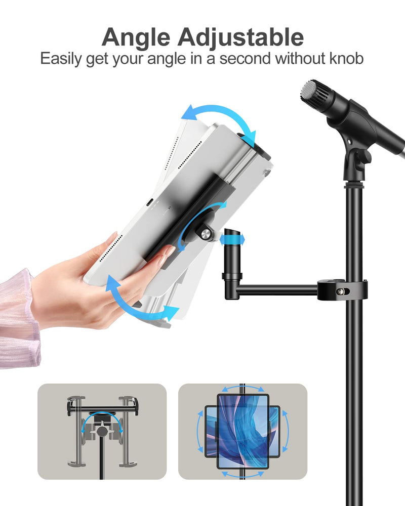  [AUSTRALIA] - Elitehood Newest Aluminum iPad Holder for Mic Stand, Side Mount iPad Music Stand Holder for Microphone, 360° Swivel Tilt Adjustable Mic Stand Tablet Holder for iPad, iPhone and More 4-13in Tablet