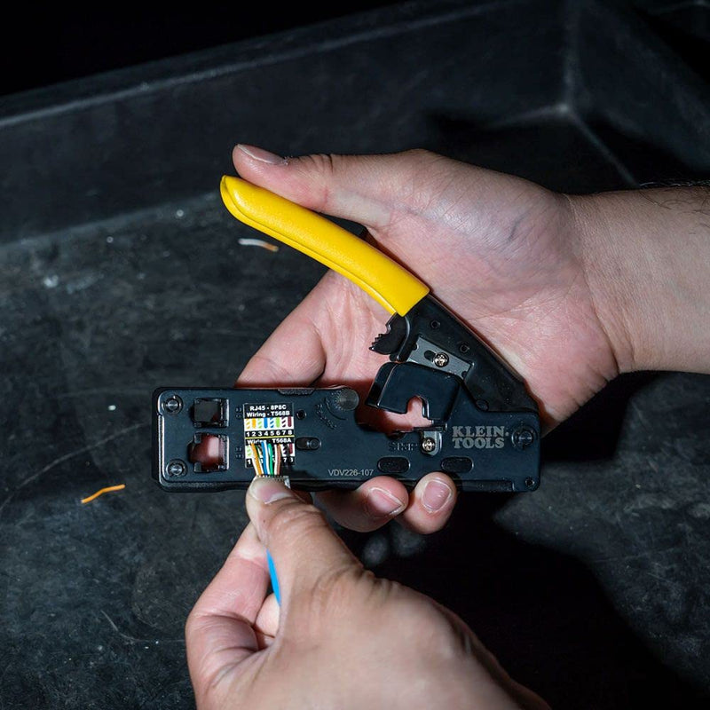  [AUSTRALIA] - Klein Tools VDV226-107 Compact Ratcheting Modular Data Cable Crimper / Wire Stripper / Wire Cutter, CAT6, CAT5, CAT3, Flat-Satin Voice Cable Crimper, Data, Compact RJ45