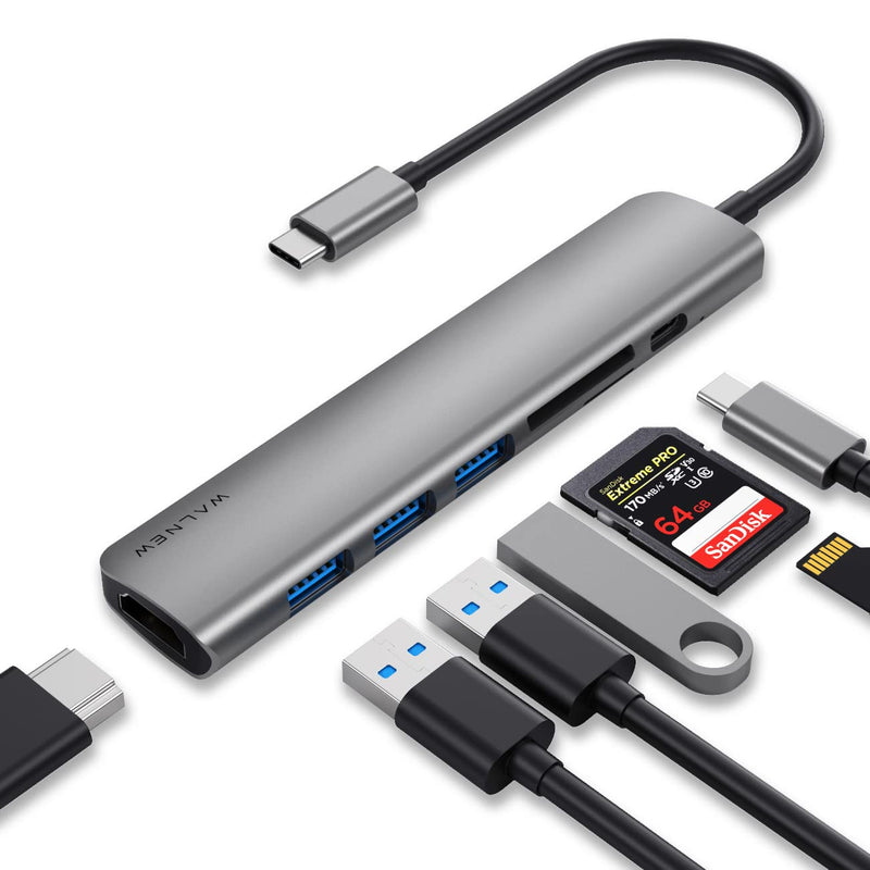  [AUSTRALIA] - WALNEW USB C Hub, MacBook Pro USB C Adapter, 7-in-1 Type C Hub with 4K USB-C to HDMI, 3 USB 3.0 Ports, SD/TF Card Reader, 100W PD Dock for MacBook Pro/Air(Thunderbolt 3)/ Type C Devices Gray