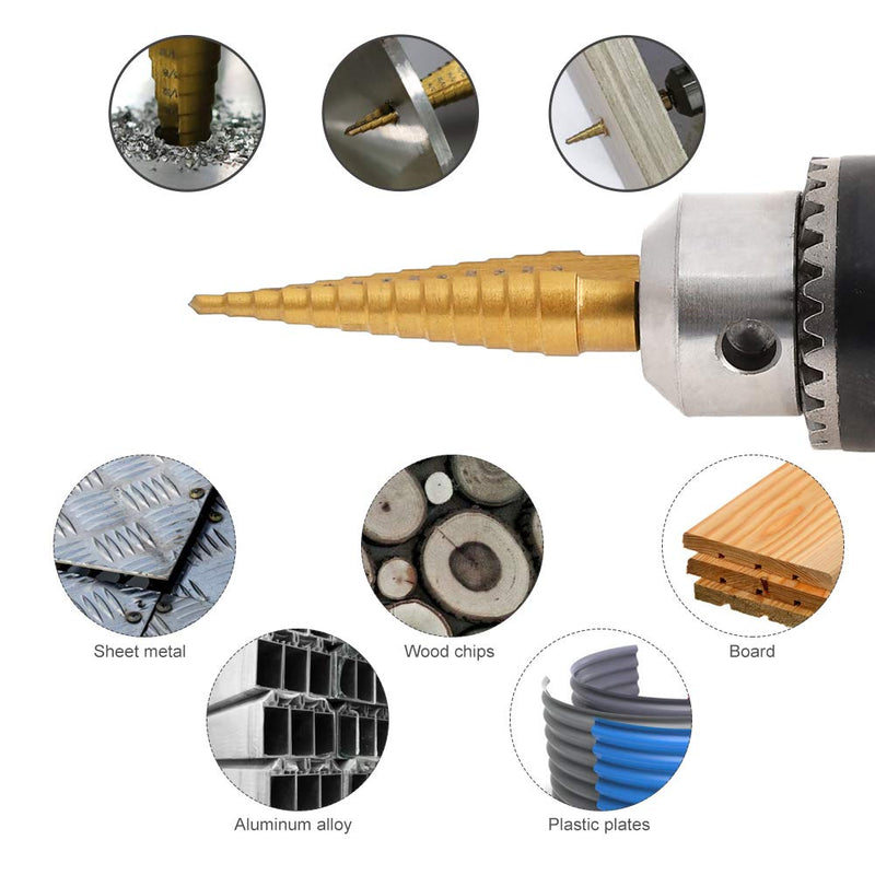  [AUSTRALIA] - COMOWARE Step Drill Bit Set & Automatic Center Punch- Unibit, Titanium Coated, Double Cutting Blades, High Speed Steel, Short Length Drill Bits Set of 5 pcs, Total 50 Sizes with Aluminum Case 6 Pcs Titanium