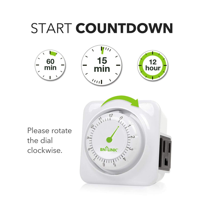  [AUSTRALIA] - BN-LINK 12 Hour Indoor Mechanical Accurate Countdown Timer, 3-Prong Grounded Outlet, 15 Minute Increments, Energy Saving for Kitchen, Phone Charger, Lamps, Holiday Decoration 1875W, 1/2 HP, ETL Listed