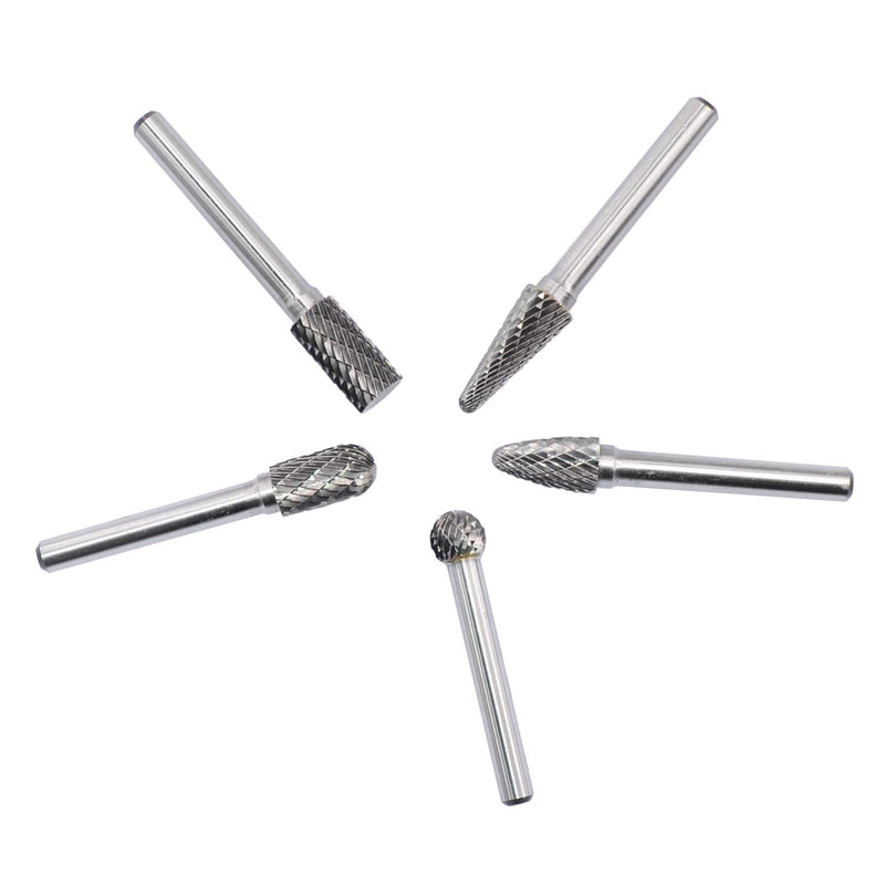 Carbide Burrs Set 5pcs with 1/4''Shank Double Cut Solid Power Tools Tungsten Carbide Rotary Files Bits for Die Grinder Metal Wood Carving Engraving Polishing Drilling Grinding Milling Cutting - LeoForward Australia