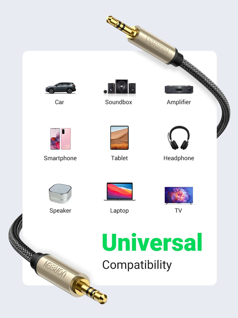  [AUSTRALIA] - UGREEN 3.5mm Audio Cable Hi-Fi Stereo Double Layer Shielding Nylon Braided with Silver-Plating Copper Core, Zinc Alloy Male to Male Aux Cord Tangle-Free for Audiophile Musical Lovers, 10ft