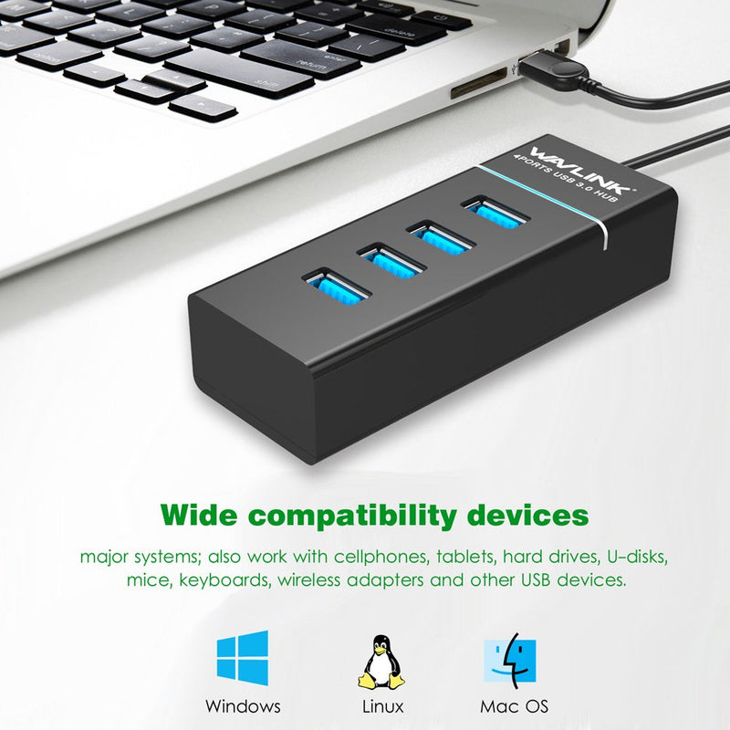 Wavlink USB 3.0 4 Vertical Port Bus-Powered Hub 18cm Tail Cable for Windows Mac (Black) - LeoForward Australia