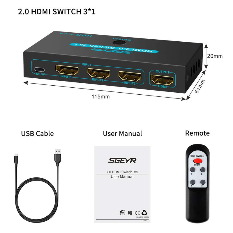  [AUSTRALIA] - SGEYR HDMI 2.0 Switch Splitter 3 Port 4K HDMI Switcher 3 in 1 Out Metal HDMI Switches Selector Box with IR Remote Control Support HDCP 2.2 Support 4K@60Hz Ultra HD 3D 2160P 1080P Black