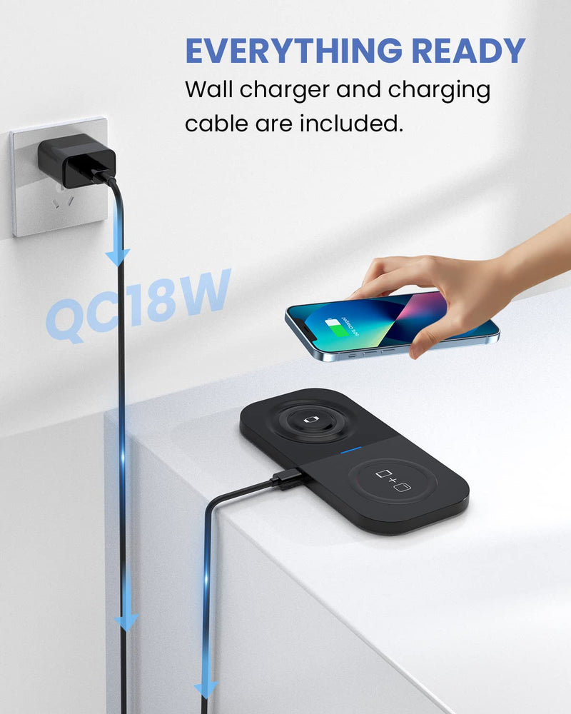  [AUSTRALIA] - Dual Wireless Charger for iPhone and Watch, Duo Charging Pad for iWatch 8/7/6/SE/5/4/3/2, iPhone 14/13/12/11/X/8/SE Series, 2 in 1 Certified Charging Station for AirPods 3/Pro/2 Black For iPhone+iWatch