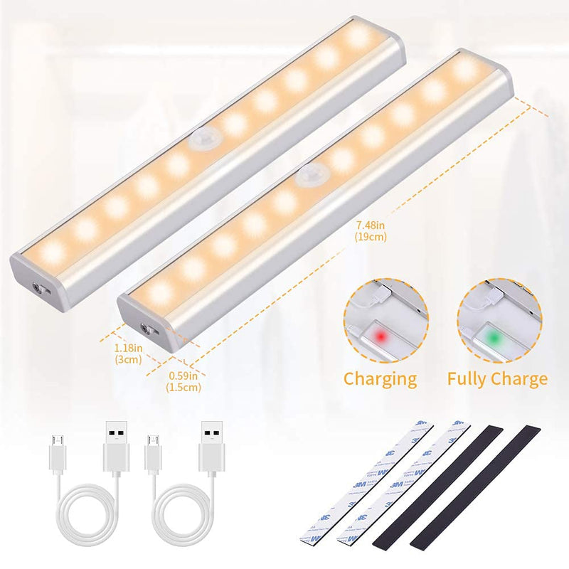 OUSFOT Under Cabinet Lighting, 10 Led Closet Lights Motion Sensor Indoor Wireless USB Rechargeable Battery with 4 Magnetic Strips for Cupboard/ Wardrobe/ Stairs/ Wall Upgraded Version (2 Pack) - LeoForward Australia