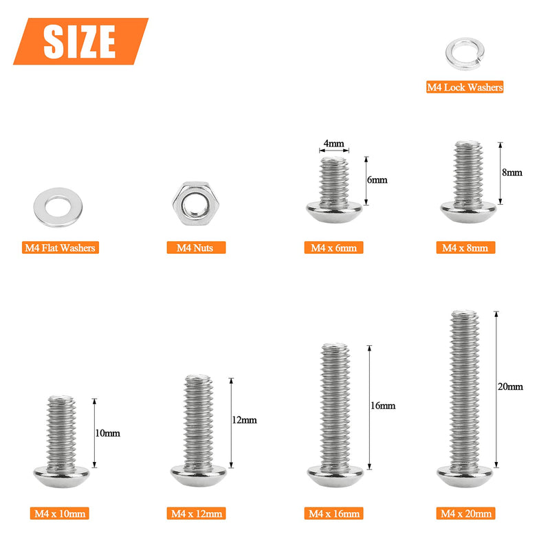  [AUSTRALIA] - HELIFOUNER 360 Pieces M4 x 6mm /8mm /10mm /12mm /16mm /20mm, Hex Button Head Cap Metric Screws Bolts Washers Nuts Kit, 304 Stainless Steel