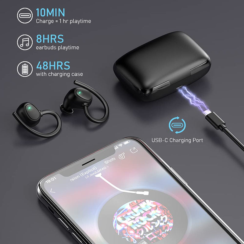  [AUSTRALIA] - Wireless Earbud, Bluetooth 5.1 Headphones Sport Wireless Bluetooth Earphones in Ear Noise Cancelling Earbud with Mic Deep Bass, Earhooks Ear Buds IP7 Waterproof 48H Headset for Running Gym[2021 New] Dark Black