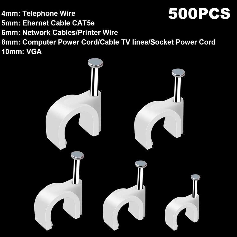  [AUSTRALIA] - 500pcs Cable Clips with Steel Nail in Cable Clips White 4mm 5mm 6mm 8mm 10mm for RG6, RG59, CAT6, RJ45 Cable Coax Cable, Ethernet Cable, TV Wire Cable, Telephone Cable, Led Starlight, Print Cable