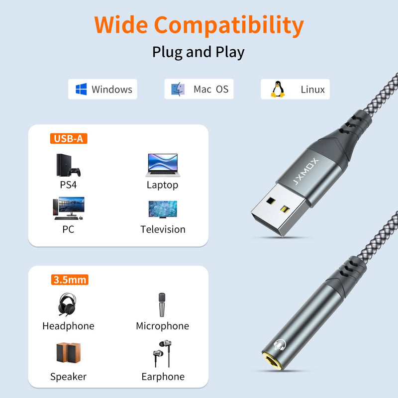  [AUSTRALIA] - USB to 3.5mm Jack Audio Adapter,USB to Audio Jack Adapter Headset,USB-A to 3.5mm TRRS 4-Pole Female, External Stereo Sound Card for Headphone, Mac, PS4, PS5,PC, Laptop, Desktops and More [6 inch] Grey