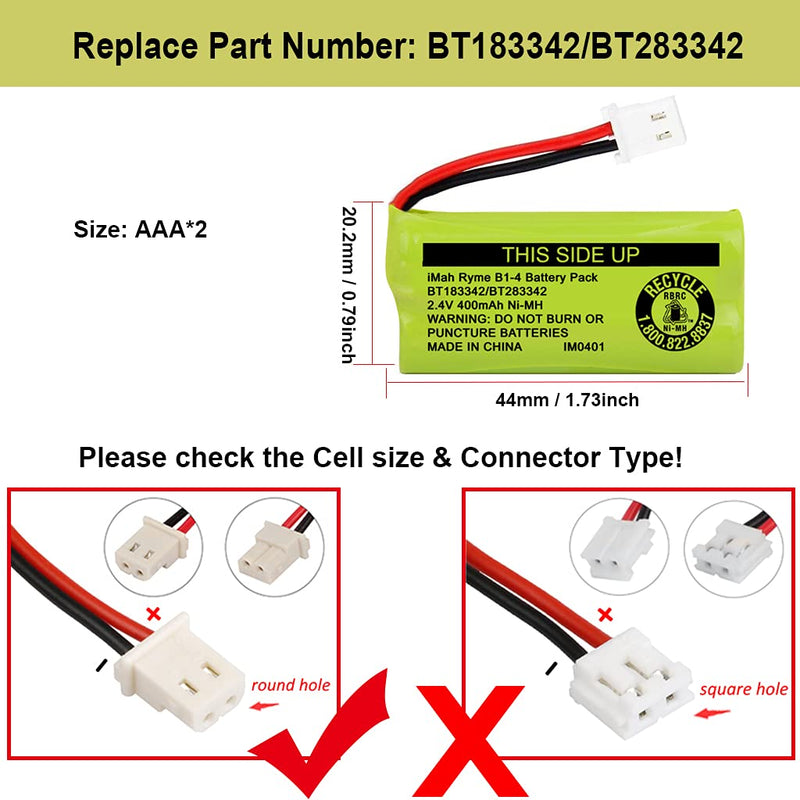  [AUSTRALIA] - iMah BT183342/BT283342 2.4V 400mAh Ni-MH Battery Pack, Also Compatible with AT&T VTech Cordless Phone Batteries BT166342/BT266342 BT162342/BT262342 2SN-AAA40H-S-X2, Pack of 2