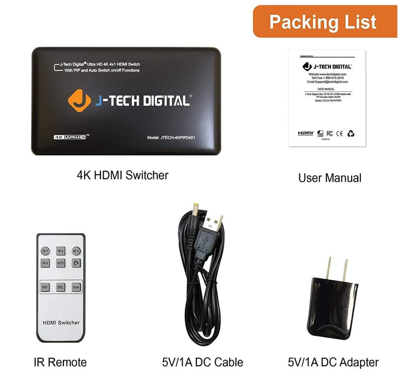  [AUSTRALIA] - J-Tech Digital 4-Port High Speed HDMI Auto Switch with PIP IR Wireless Remote and Power Adapter