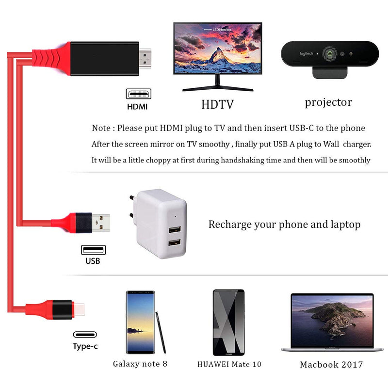  [AUSTRALIA] - USB C to HDMI Adapter with USB Cable, AWADUO Type c to HDMI Adapter 4K 30Hz Compatible with MacBook 2018 iPad Pro,iMac,ChromeBook Pixel,Galaxy S9 Note9 S10 Surface Book Pro- 6.6FT (6.6FT, Red)