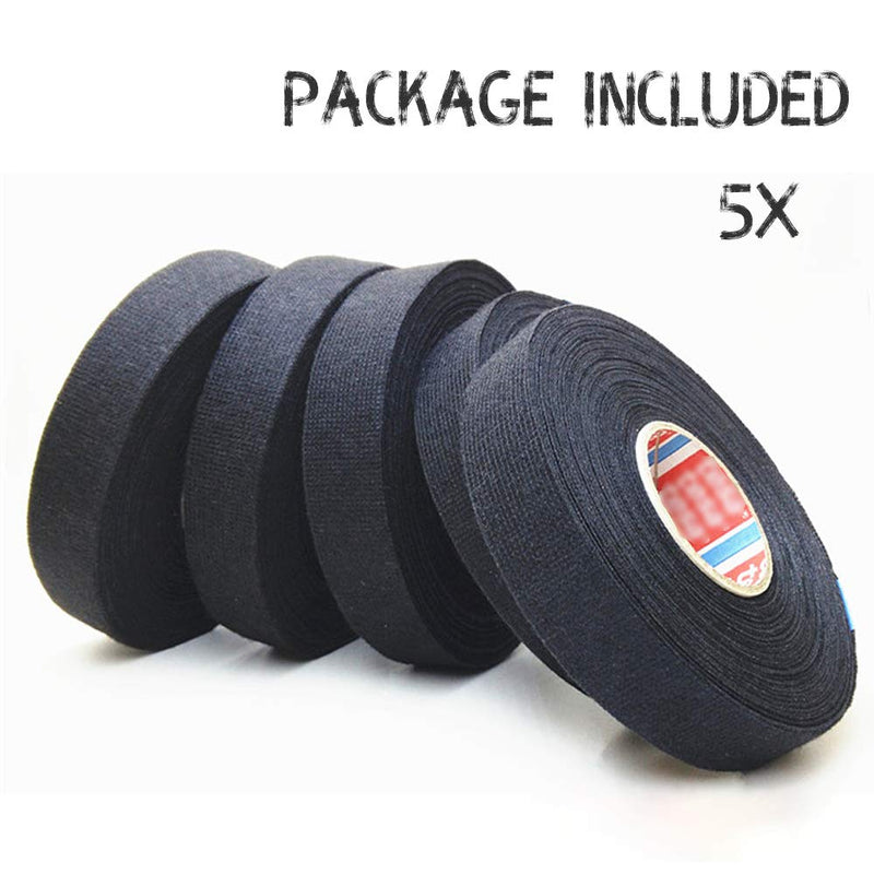  [AUSTRALIA] - WFPOWER Cloth Tape for Wire Loom Harness 5 Pack, Wiring Harness Cloth Tape Black Adhesive Fabric Tape for Automobile Electrical Wire Harness Noise Damping Heat Proof Fire Resistant 19 mm X 15m