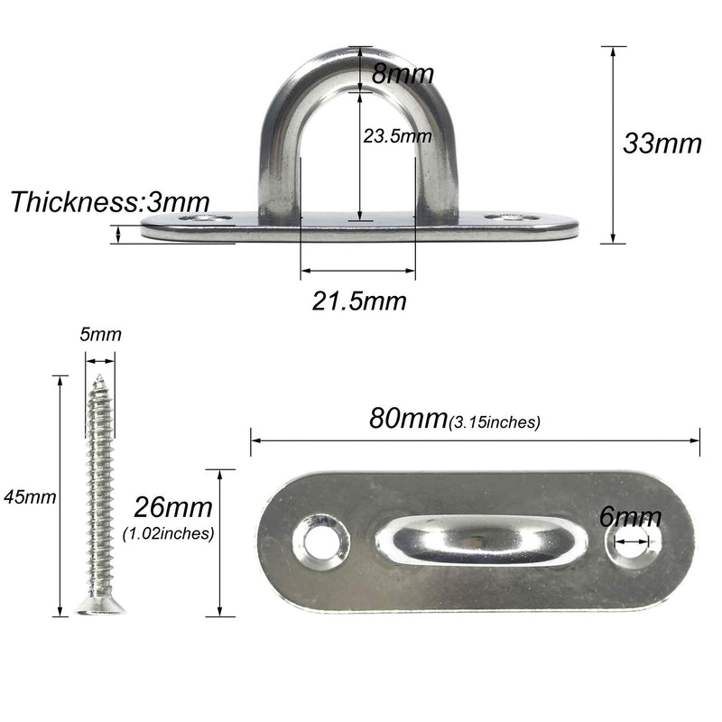 TERMATH 6 Pcs Stainless Steel Pad Eye Plate U Hook , Heavy 3.15 inch Ceiling Hook Ring Hooks , Screw Eyes Hanger , Marine Hardware Staple Hook Loop with 12 Pcs Screws - LeoForward Australia