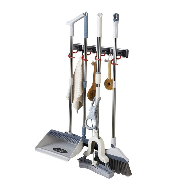  [AUSTRALIA] - QBOSO Wall Mounted Mop and Broom Holder Stainless Steel S Type Broom Rack Anti-Slip Mop Organizer (17 Inches ,4 Positions 3 Hooks , Red black)