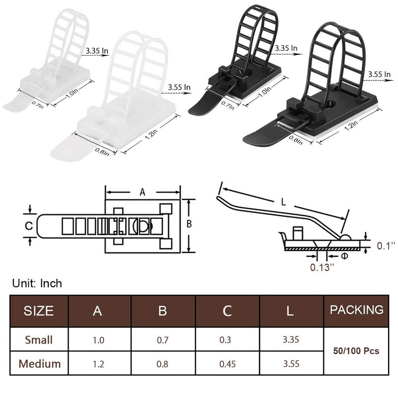  [AUSTRALIA] - Adhesive Cable Management Clips, 50Pcs Adjustable Nylon Cable Strap Ties Wire Clips Clamps Organizer with Strong Adhesive Tape, Extra Screw & Hole for Strong Fixation Home Office - 3.35 Inch White S - 50pcs