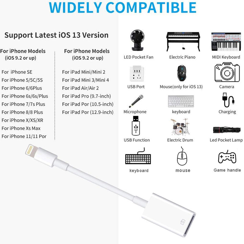 Apple Lightning to USB Camera Adapter,USB 3.0 OTG Cable Adapter for iPhone for iPad,Portable USB Adapter Compatible iOS13,Support Card Reader,USB Flash Drive,Keyboard,Mouse,No Application-Plug & Play - LeoForward Australia