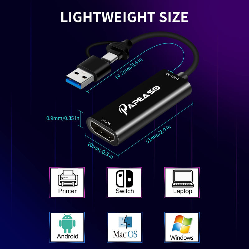  [AUSTRALIA] - Papeaso Capture Card, Video Capture Card HDMI to USB/Type-C 1080P 60FPS Game Capture Card for Streaming, Teaching, Video conferencing or Live Broadcasting Black
