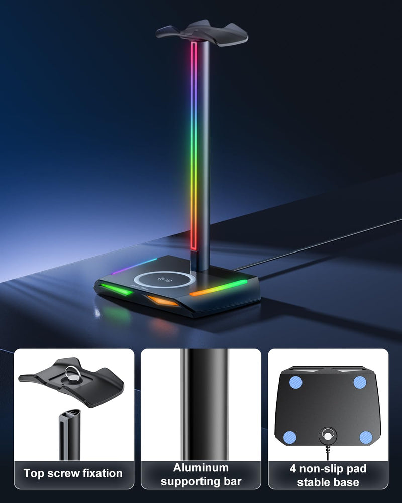  [AUSTRALIA] - New bee RGB Headphone Stand with Wireless Charging and 2 USB-C & 1 USB Charging Ports, Desk Gaming Headset Holder with 7 Light Modes and Non-Slip Rubber Base Suitable for All Earphone Accessories
