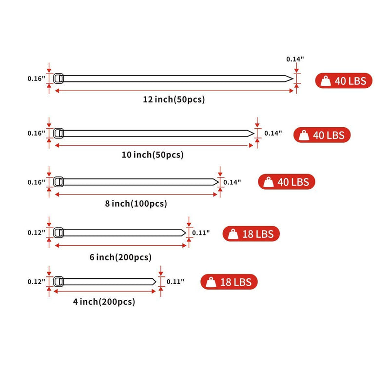  [AUSTRALIA] - 600pcs black Standard Self-Locking Nylon Cable Zip Ties Assorted Sizes 4/6/8/10/12 Inch with cable mount