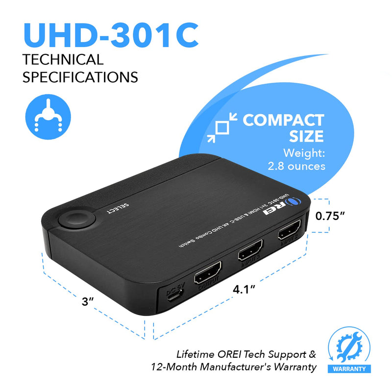  [AUSTRALIA] - OREI 4K 3 Port 3x1 HDMI Switch, 2 HDMI + USB-C Input Connect Laptop, PC, Computers, Phones, Gaming, Streaming Devices on One Display TV Monitor - UltraHD HDCP 2.0