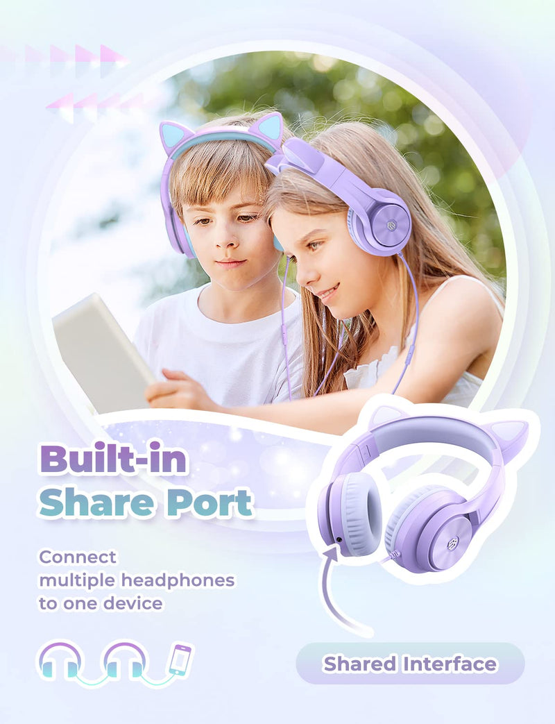  [AUSTRALIA] - Cat Ear Led Light Up Kids Headphones with Microphone, iClever Mewow Wired Headphones -Shareport- 94dB Volume Limited, Foldable Over-Ear Headphones for Kids/School/iPad/Tablet/Travel (Purple) Purple Medium