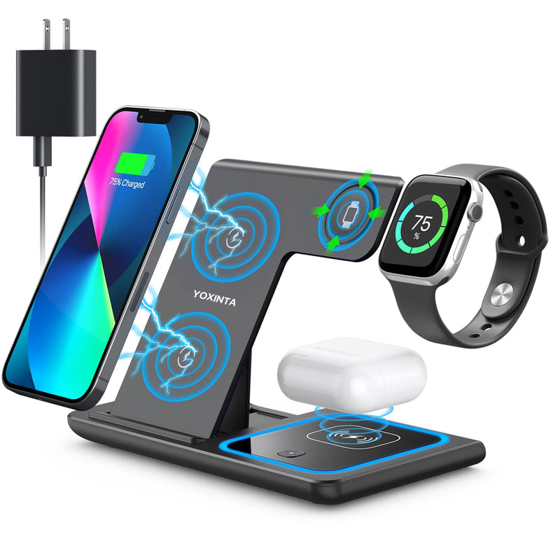  [AUSTRALIA] - Wireless Charger, 3 in 1 Wireless Charging Station, Fast Wireless Charger Stand for iPhone 14/13/12/11/Pro/Max/XS/XR/X/8/Plus, for Apple Watch 7/6/5/4/3/2/SE, for AirPods 3/2/Pro(Black) Black