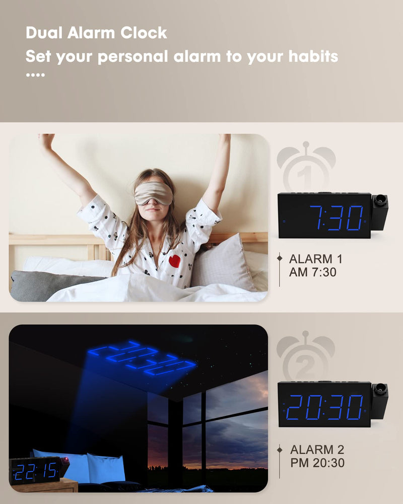  [AUSTRALIA] - Projection Alarm Clock for Bedroom,LED Digital Clock Projection on Ceiling Wall with USB Phone Charging,Battery Backup,180°Projector& Dimmer,12/24H,DST,Snooze,Dual Loud Bedside Clock for Heavy Sleeper Blue