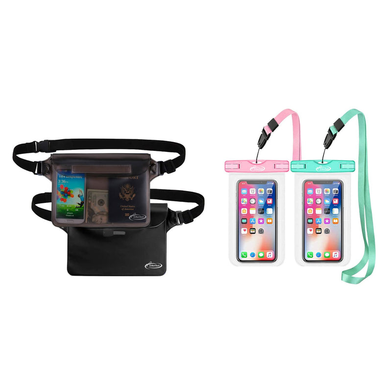  [AUSTRALIA] - AiRunTech Waterproof Pouch | Way to Keep Your Phone and Valuables Safe and Dry | for Boating Swimming Snorkeling Kayaking Beach Pool (2 Phone Cases(Green + Pink) + 2 Fanny Packs(Black+Gray))