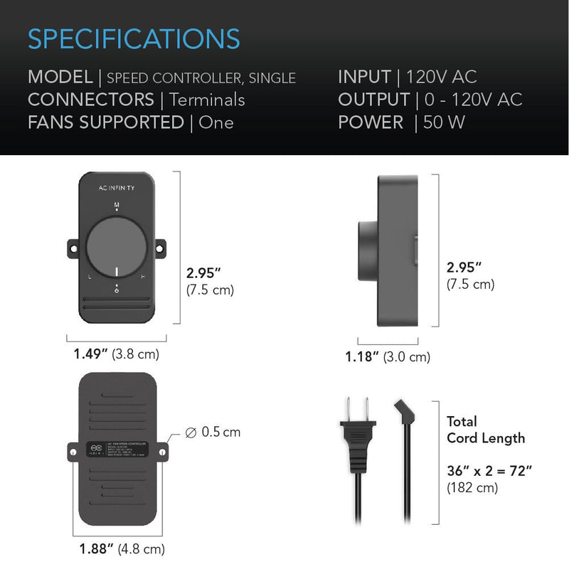  [AUSTRALIA] - AC Infinity, Fan Speed Controller for 100 to 125V AC Axial Muffin Cooling Fans, Single Connector, for DIY Cooling Ventilation Exhaust Projects