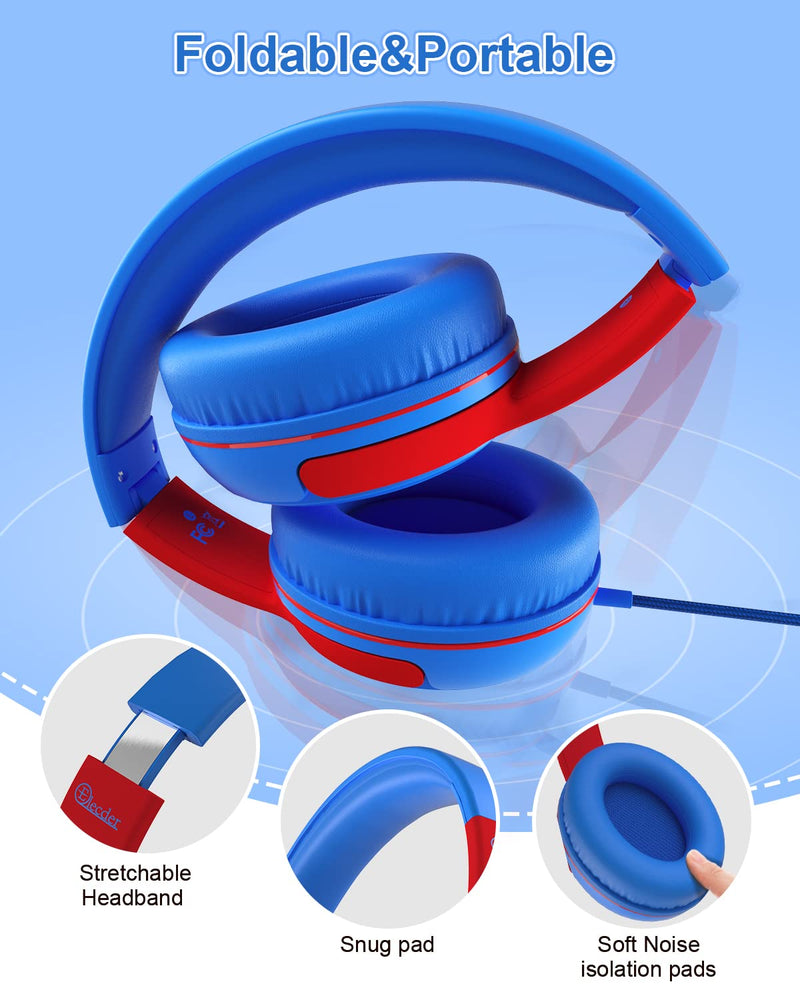  [AUSTRALIA] - Kids Headphones, Elecder S8 Wired Headphones for Kids with Microphone for Boys Girls, Adjustable 85dB/94dB Volume Limited, 3.5 mm Jack for School/Kindle/Smartphones/Tablet/Airplane Travel(Blue/Red) Blue/Red
