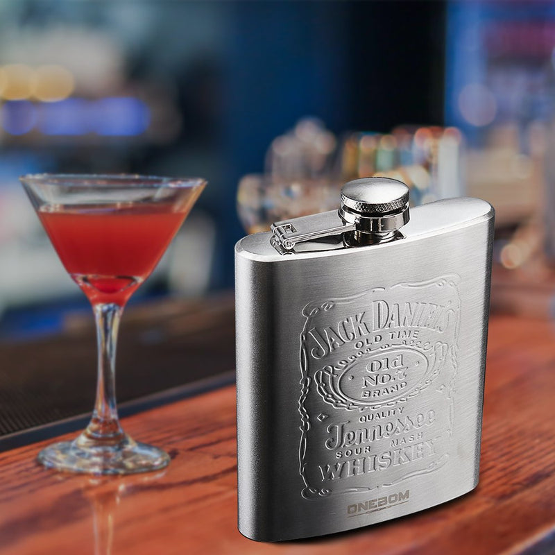  [AUSTRALIA] - OneBom Hip Flask 7oz, Engraved Flask with Funnel & Shot Glass Set, FDA 304 Stainless Steel, Brushed Leak Proof, Portable Pocket Size with Gift Box for Wine Lover (Stainless Steel)