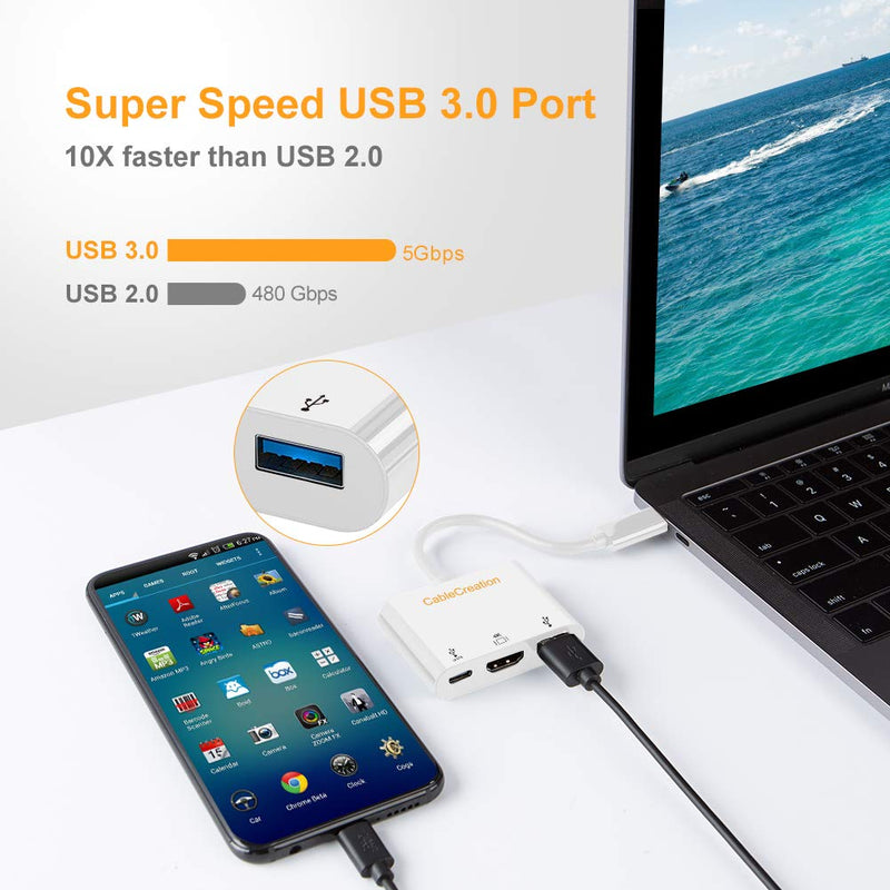 USB C to 4K HDMI Hub, CableCreation 3-in-1 USB-C Hub with HDMI, USB 3.0 and 60W PD Charging [Thunderbolt 3 Compatible] for MacBook Pro 2017/2018/2019, Dell XPS 13/15, Galaxy Note S10, Yoga 910/920 White - LeoForward Australia